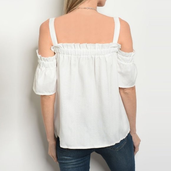 Ruffle Button Detail Cotton Cut Out Shoulder Top - Picture 2 of 8